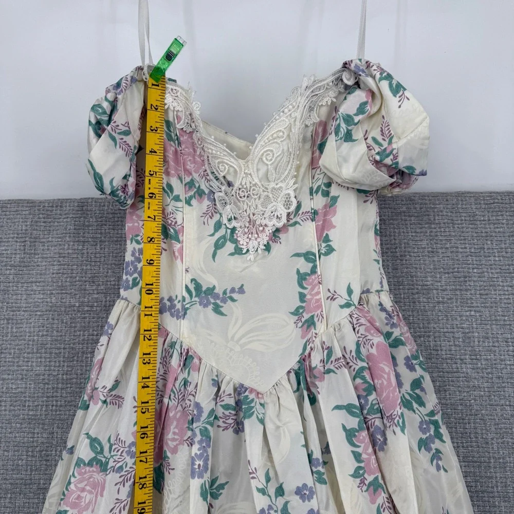 Vtg Scott McClintock Floral Dress Sz 6 Puff Sleeve Lace Cottage Coquette Basque - Picture 11 of 15